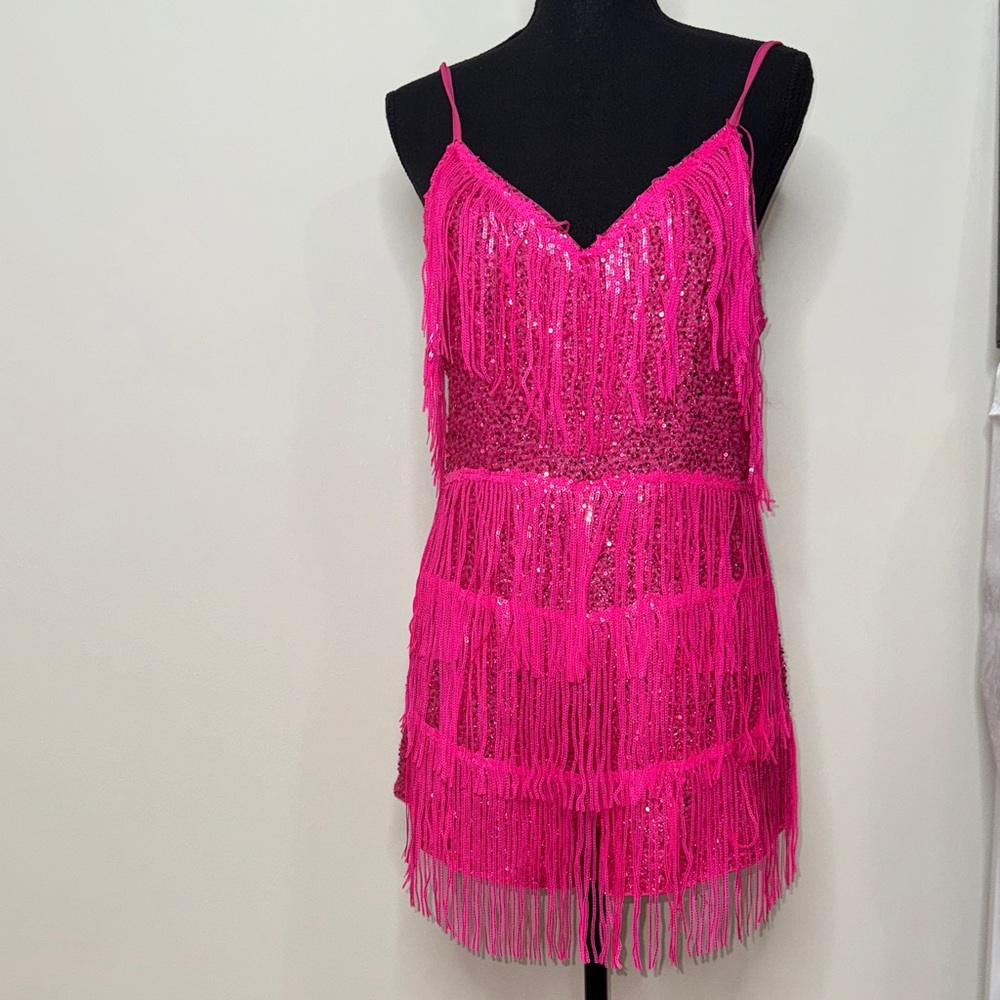 Women’s Festival Pink Fringe Holiday Dance Party Jumpsuit Romper L